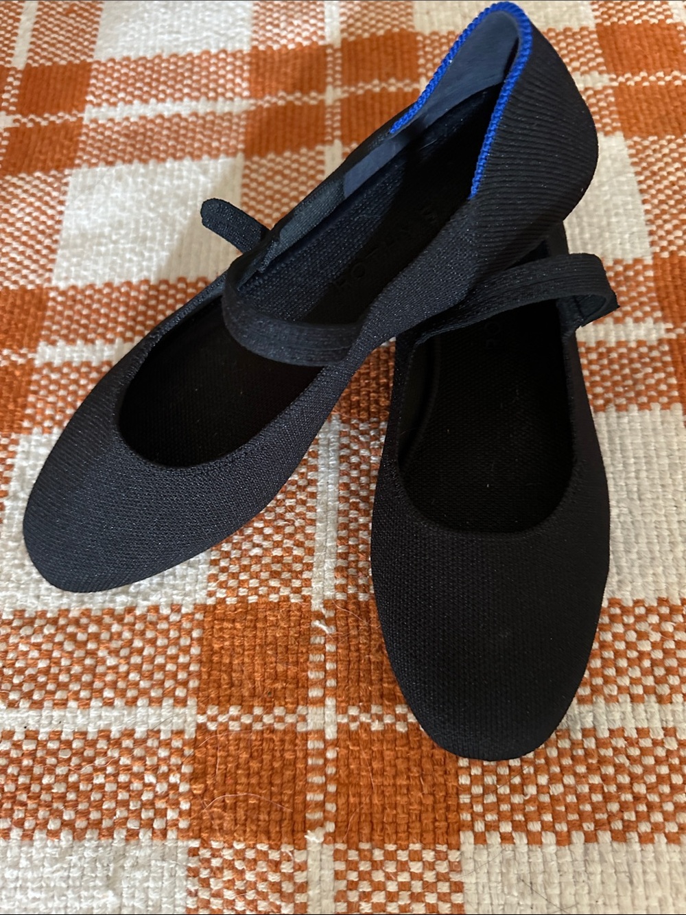 Rothy's Black Knit Ballet Flats with Blue Trim and Mary Jane Strap
